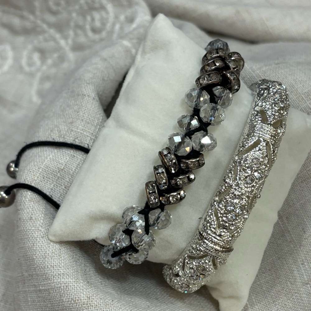 2 Bracelets-Silver‎ & Rhinestone Stretch Bangle AND Black W/Rhinestone Bracelet